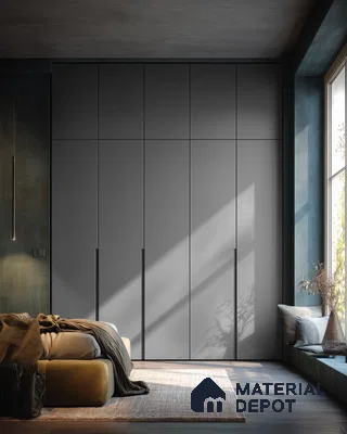 Compact Modern Kitchen with Grey Glossy Laminate Cabinets and Open Shelf Accent | Material Depot