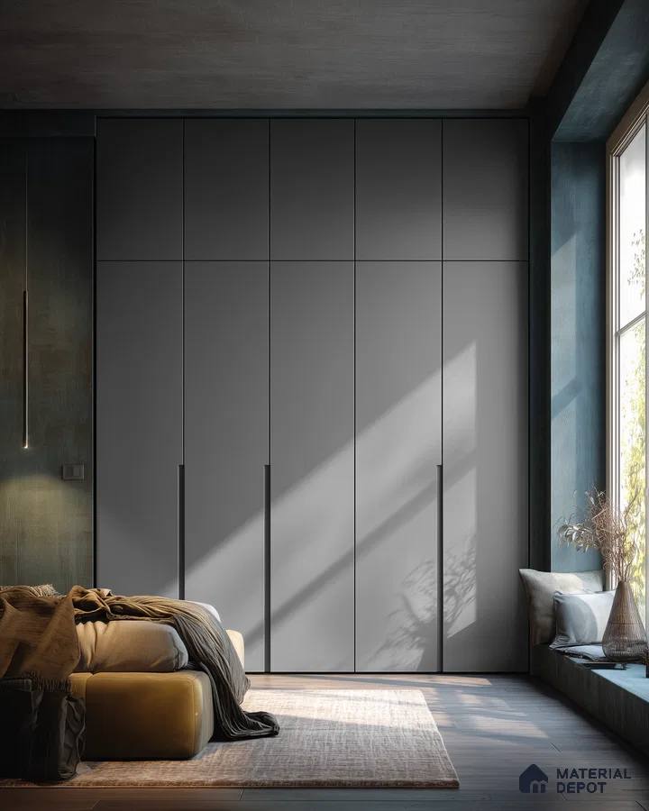 Compact Modern Kitchen with Grey Glossy Laminate Cabinets and Open Shelf Accent | Material Depot