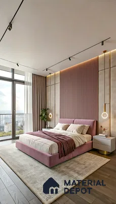 Modern bedroom with mauve suede upholstered bed, blush fluted wall panel, and light oak wooden flooring in Sattva Oppus Whitefield 3 BHK Bengaluru Apartment