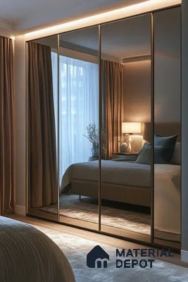 Modern bedroom with mirrored sliding wardrobe and warm beige fabric headboard | Material Depot