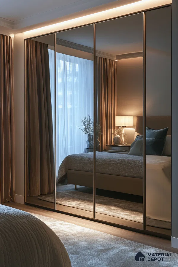 Modern bedroom with mirrored sliding wardrobe and warm beige fabric headboard | Material Depot