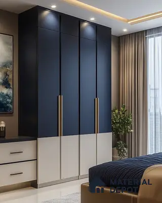 Modern bedroom with navy blue and frosty white laminate wardrobe and gold handles | Material Depot