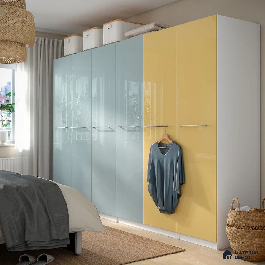 Modern bedroom with pastel blue and yellow high gloss laminate wardrobe | Material Depot
