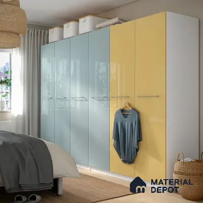 Modern bedroom with pastel blue and yellow high gloss laminate wardrobe | Material Depot