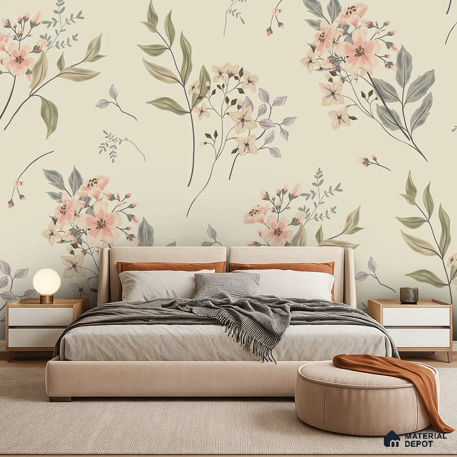 Modern bedroom with pastel floral wallpaper and beige upholstered bed in Bengaluru