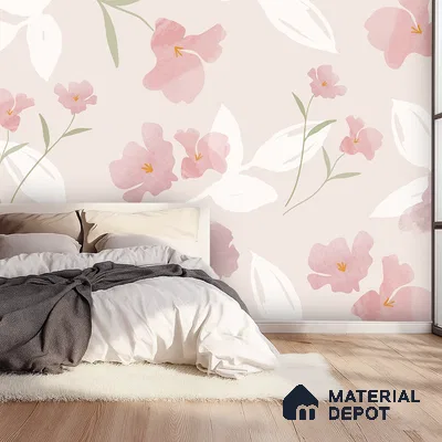 Modern bedroom with pastel floral wallpaper and light oak wooden flooring in Bengaluru