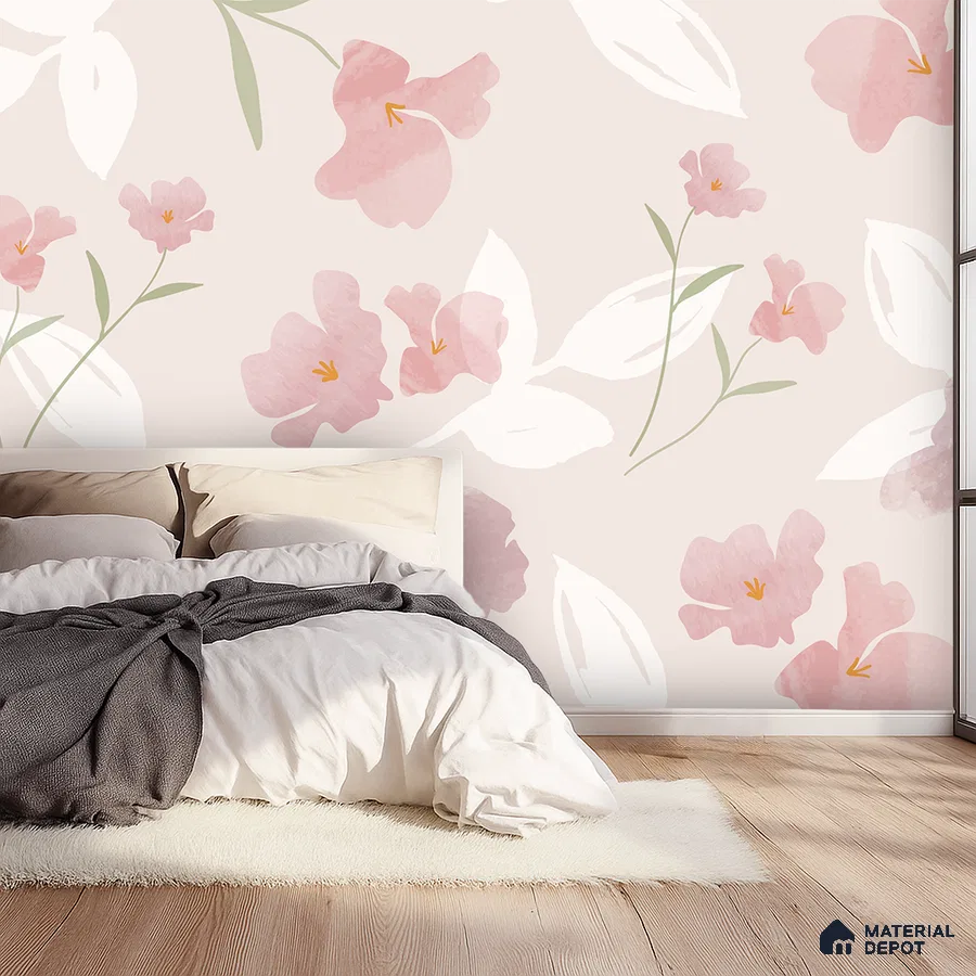Modern bedroom with pastel floral wallpaper and light oak wooden flooring in Bengaluru
