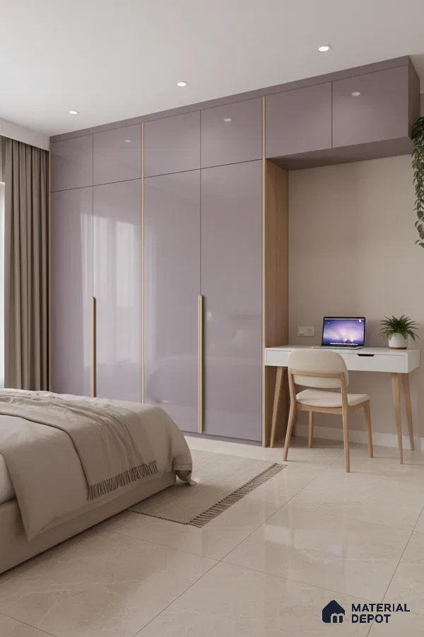 Modern bedroom with pastel lavender high gloss laminate wardrobe and beige marble floor tiles in Bengaluru
