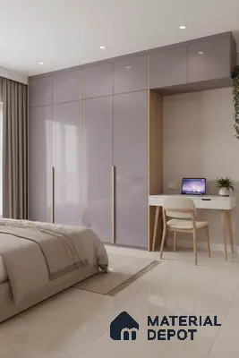 Modern bedroom with pastel lavender high gloss laminate wardrobe and beige marble floor tiles in Bengaluru