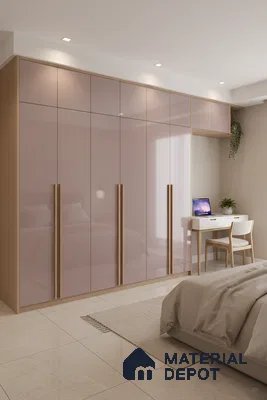 Modern bedroom with pastel pink high gloss laminate wardrobe and light oak finish in Bengaluru
