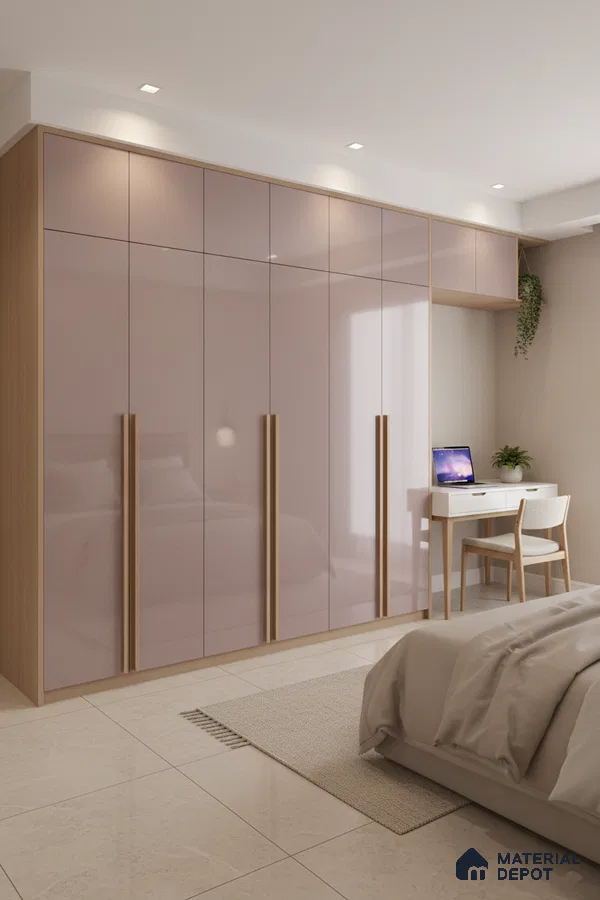 Modern bedroom with pastel pink high gloss laminate wardrobe and light oak finish in Bengaluru