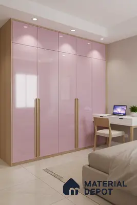 Modern bedroom with pastel pink high gloss laminate wardrobe and light oak finish in Bengaluru
