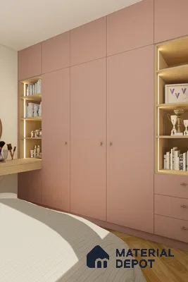 Modern bedroom with pastel pink laminate wardrobe and light wood open shelving | Material Depot