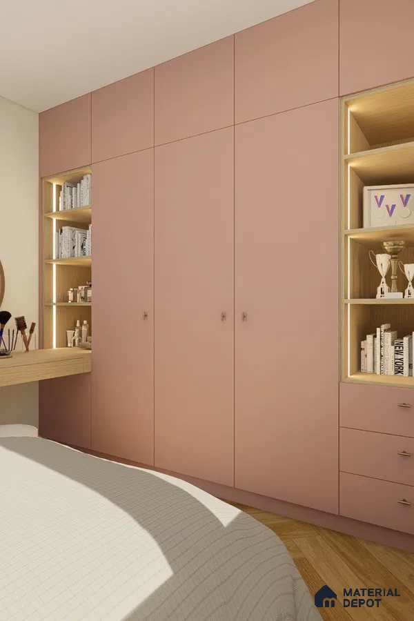 Modern bedroom with pastel pink laminate wardrobe and light wood open shelving | Material Depot