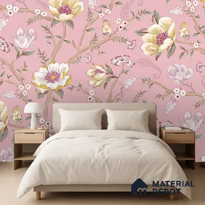 Modern bedroom with pink floral wallpaper and beige upholstered bed in Bengaluru