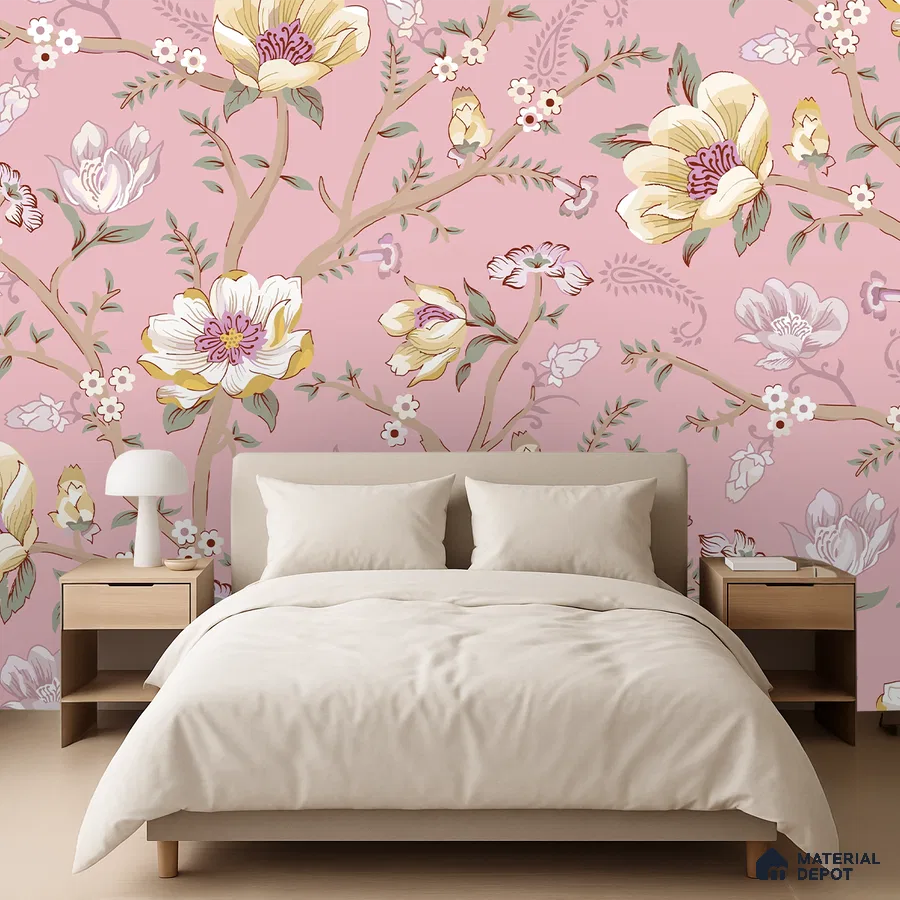 Modern bedroom with pink floral wallpaper and beige upholstered bed in Bengaluru