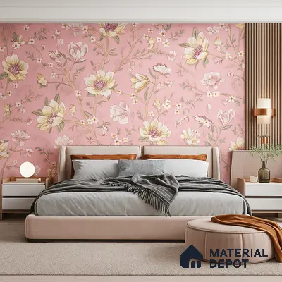 Modern bedroom with pink floral wallpaper, beige upholstered bed, and wooden louver accent in Bengaluru