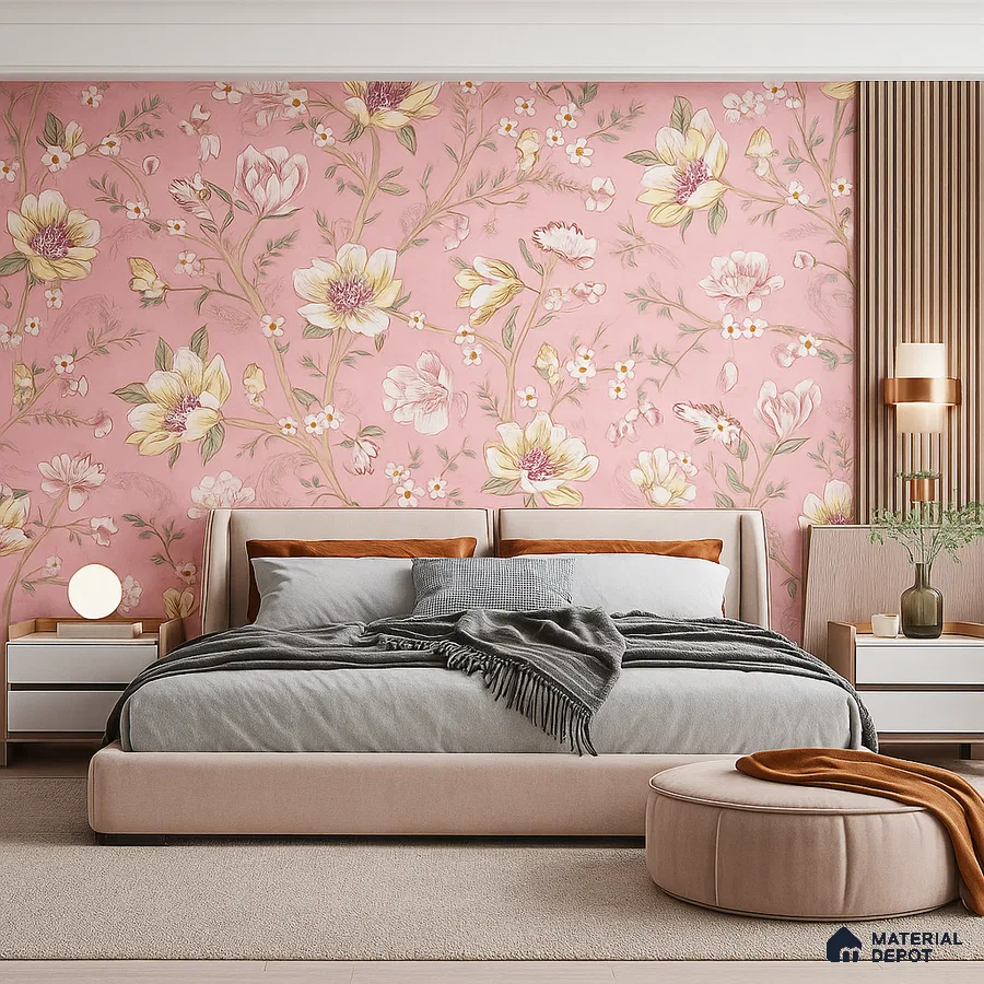 Modern bedroom with pink floral wallpaper, beige upholstered bed, and wooden louver accent in Bengaluru