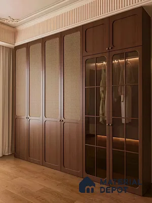 Modern Bedroom with Rattan-Paneled Wardrobe and Glass Doors | Material Depot