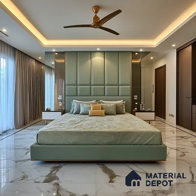 Modern Bedroom Design with Sage Green Accents and Marble Floors Total Environment In That Quiet Earth Hennur Road | Material Depot
