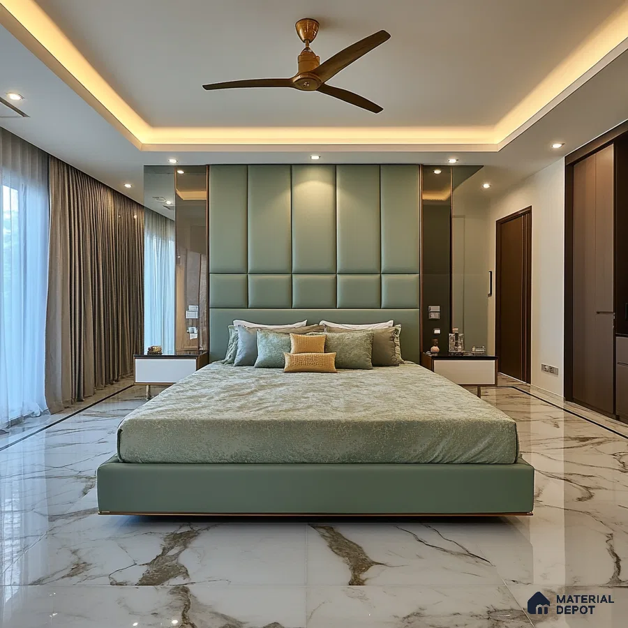 Modern Bedroom Design with Sage Green Accents and Marble Floors Total Environment In That Quiet Earth Hennur Road | Material Depot
