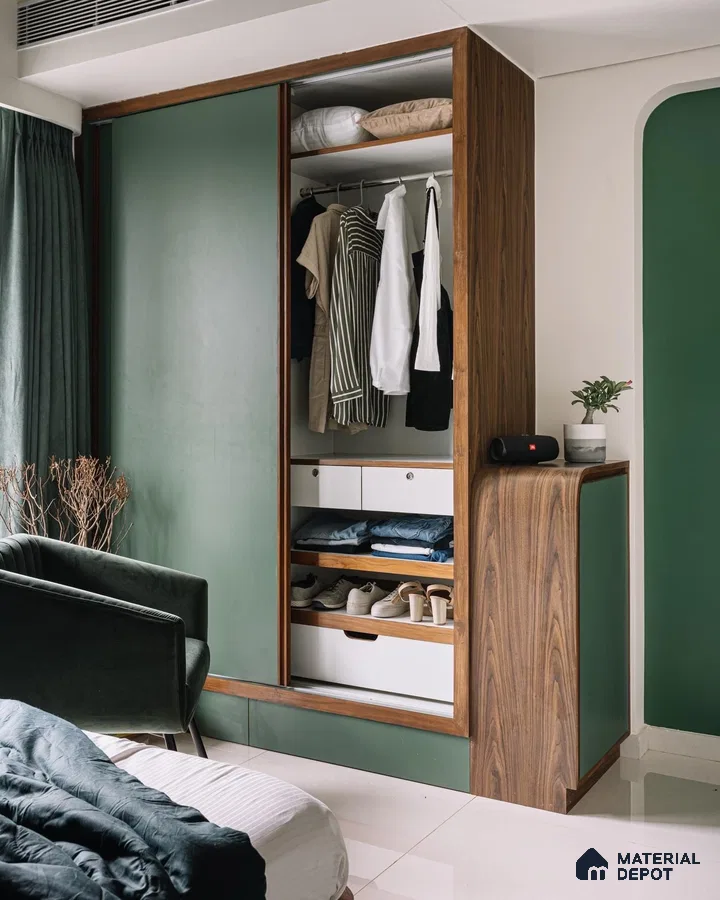 Modern bedroom with sage green and walnut wood wardrobe, white laminate drawers, and glossy tile flooring | Material Depot