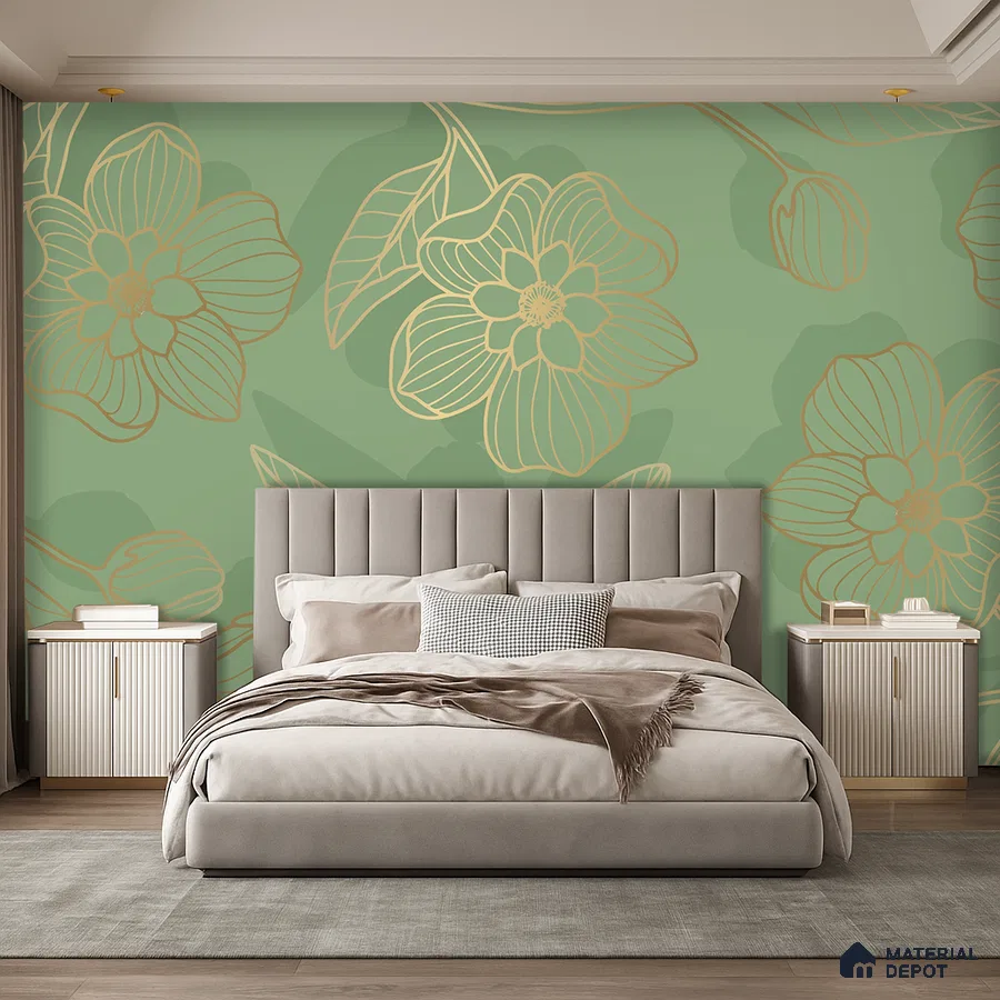Modern bedroom with sage green floral wallpaper and upholstered bed in Bengaluru