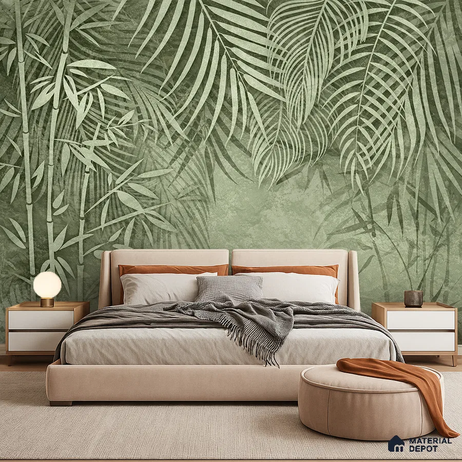 Modern bedroom with sage green tropical wallpaper and beige upholstered bed in Bengaluru