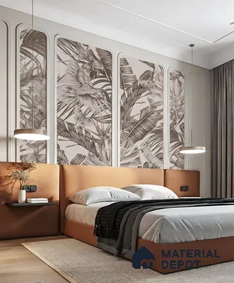 Modern bedroom with sepia tropical wallpaper, suede upholstered bed, and light wood flooring in Sattva Oppus Whitefield 3 BHK Bengaluru Apartment