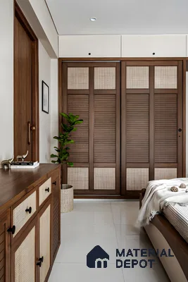 Modern Bedroom with Sliding Slatted Wardrobe and Rattan Accents | Material Depot