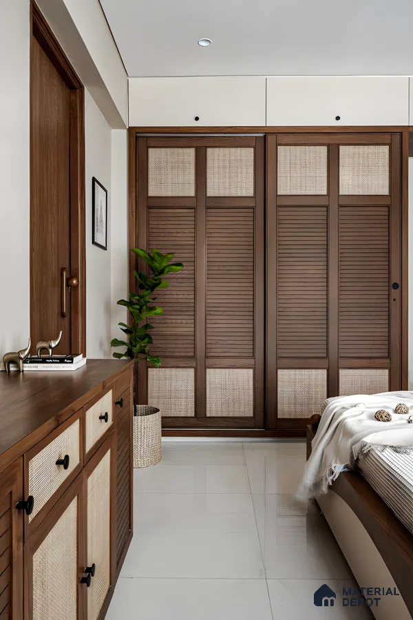Modern Bedroom with Sliding Slatted Wardrobe and Rattan Accents | Material Depot