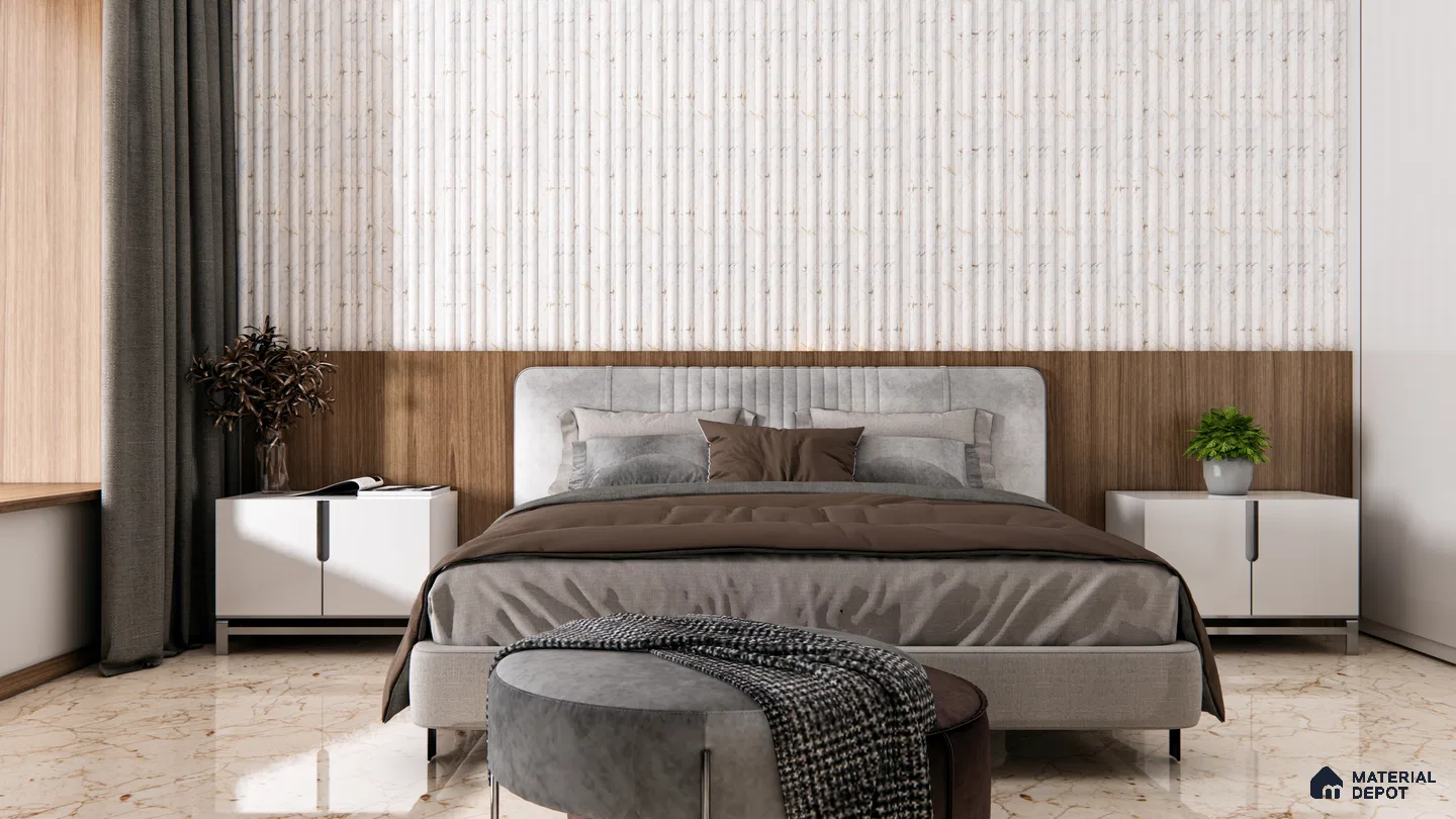 Modern Bedroom with Soft Neutral Tones and Textured Wall Accents | Material Depot