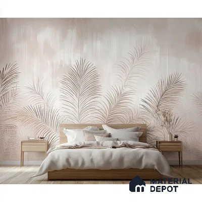 Modern Bedroom with Soft Tropical Leaf Mural | Material Depot