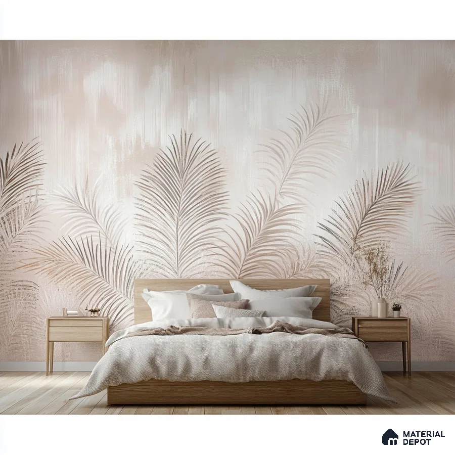 Modern Bedroom with Soft Tropical Leaf Mural | Material Depot