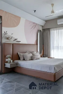 Modern bedroom with suede upholstered bed, abstract pastel wallpaper, and grey geometric floor tiles in Purva-Riviera-Whitefield 3 BHK Bengaluru Apartment