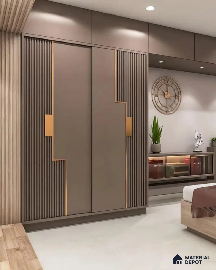Modern bedroom with taupe matte laminate wardrobe, gold accent profiles, and fluted panels | Material Depot