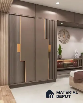 Modern bedroom with taupe matte laminate wardrobe, gold accent profiles, and fluted panels | Material Depot