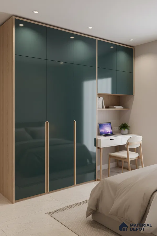 Modern bedroom with teal high gloss laminate wardrobe and light oak finish, integrated study desk in Bengaluru
