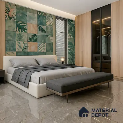 Modern Bedroom with Tropical Accent Wall and Sleek Wardrobe Design | Material Depot