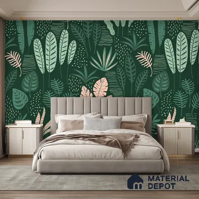 Modern bedroom with tropical green wallpaper and beige suede upholstered bed in Bengaluru