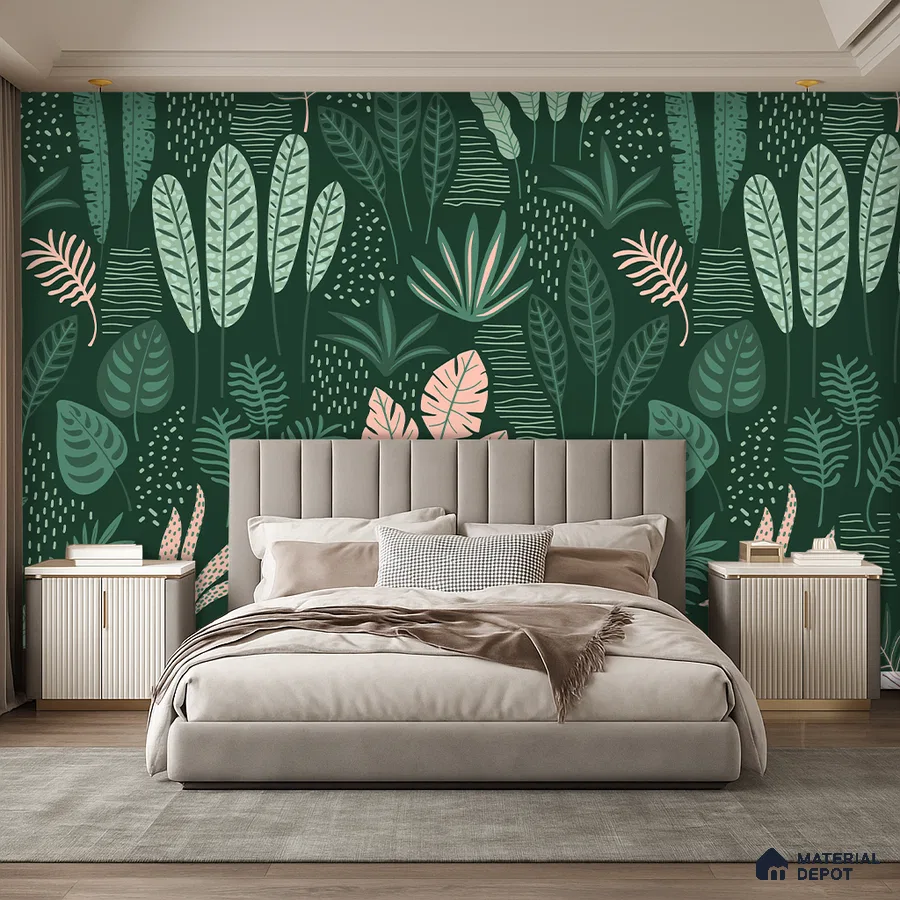 Modern bedroom with tropical green wallpaper and beige suede upholstered bed in Bengaluru