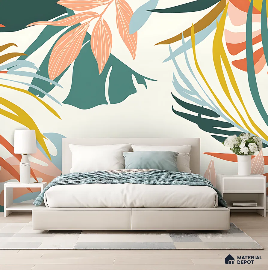 Modern bedroom with tropical patterned wallpaper and neutral upholstered bed in Bengaluru