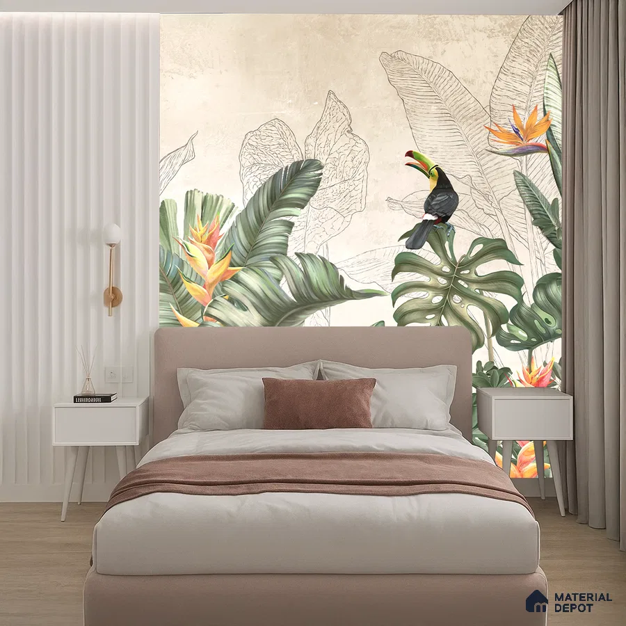 Modern bedroom with tropical wallpaper accent and blush upholstered bed in Bengaluru