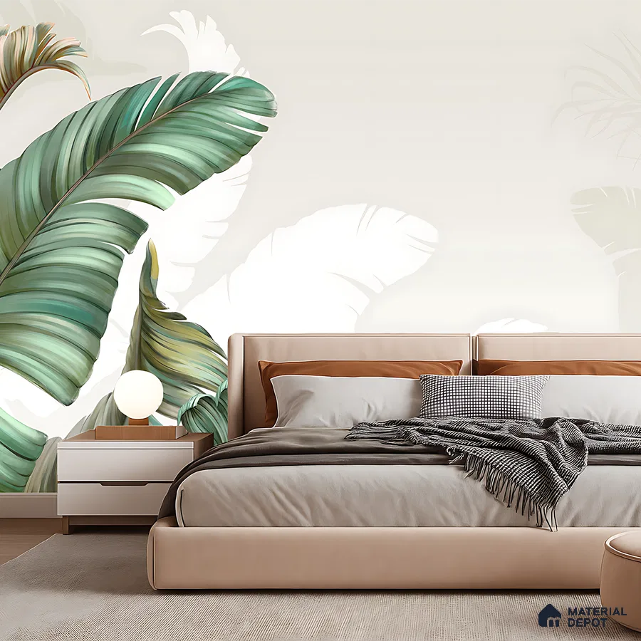 Modern bedroom with tropical wallpaper and beige upholstered bed in Bengaluru