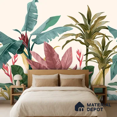 Modern bedroom with tropical wallpaper and light wood bed in Bengaluru