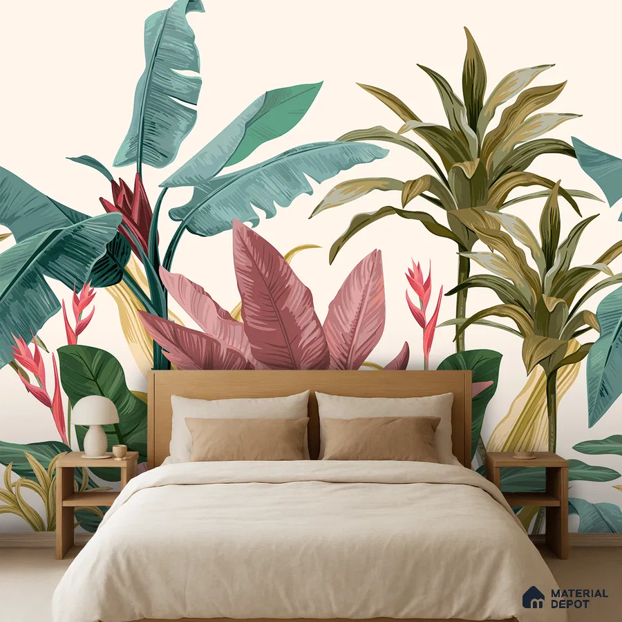 Modern bedroom with tropical wallpaper and light wood bed in Bengaluru