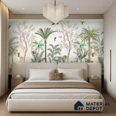 Modern bedroom with tropical wallpaper, beige upholstered bed, and light wood flooring in Bengaluru