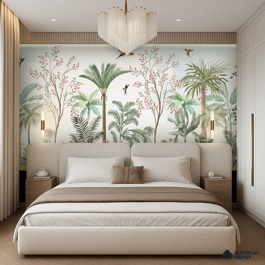 Modern bedroom with tropical wallpaper, beige upholstered bed, and light wood flooring in Bengaluru