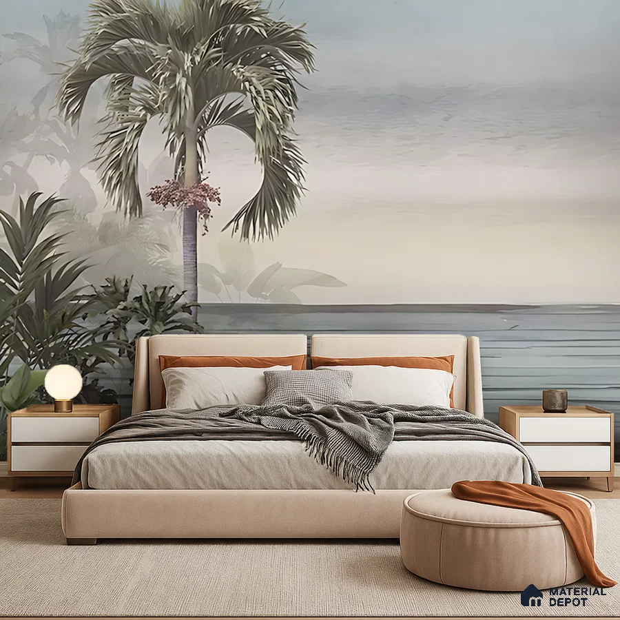 Modern bedroom with tropical wallpaper, beige upholstered bed, and neutral wood nightstands in Bengaluru