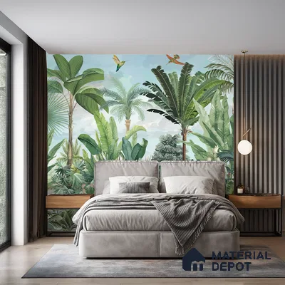 Modern bedroom with tropical wallpaper, grey suede upholstered bed, and fluted wood wall panels in Bengaluru